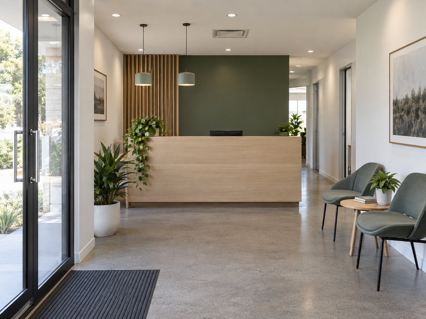 AI-generated illustration of an office reception with clean white walls and a green painted feature wall