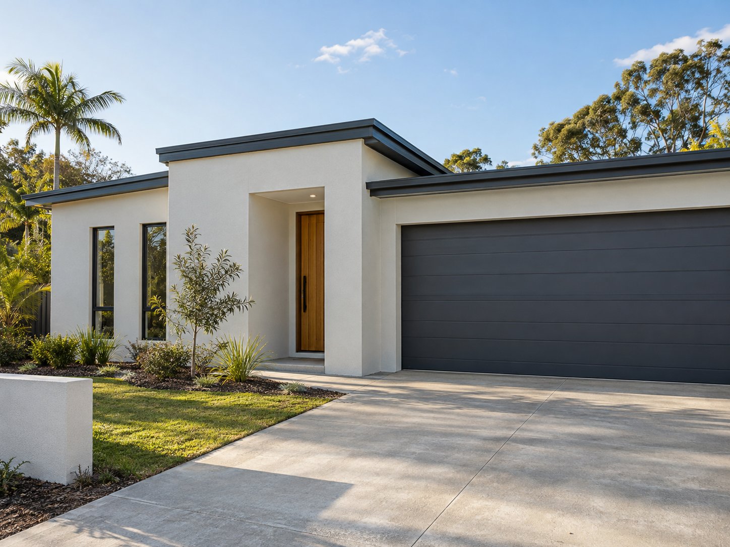 AI-generated illustration of a new Australian home with light rendered walls and charcoal exterior trim
