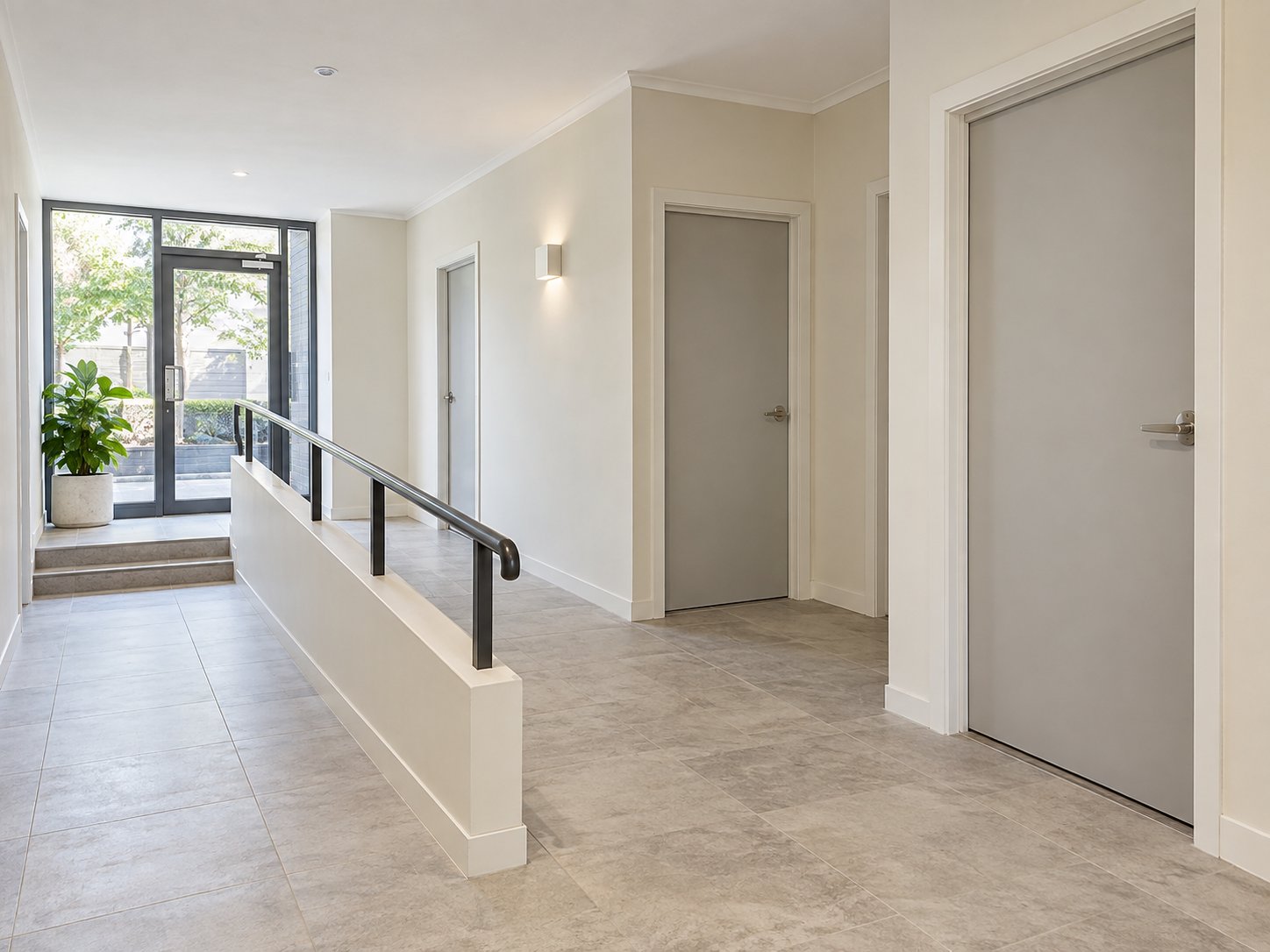 AI-generated illustration of a repainted apartment entry with neutral walls and neatly finished door frames