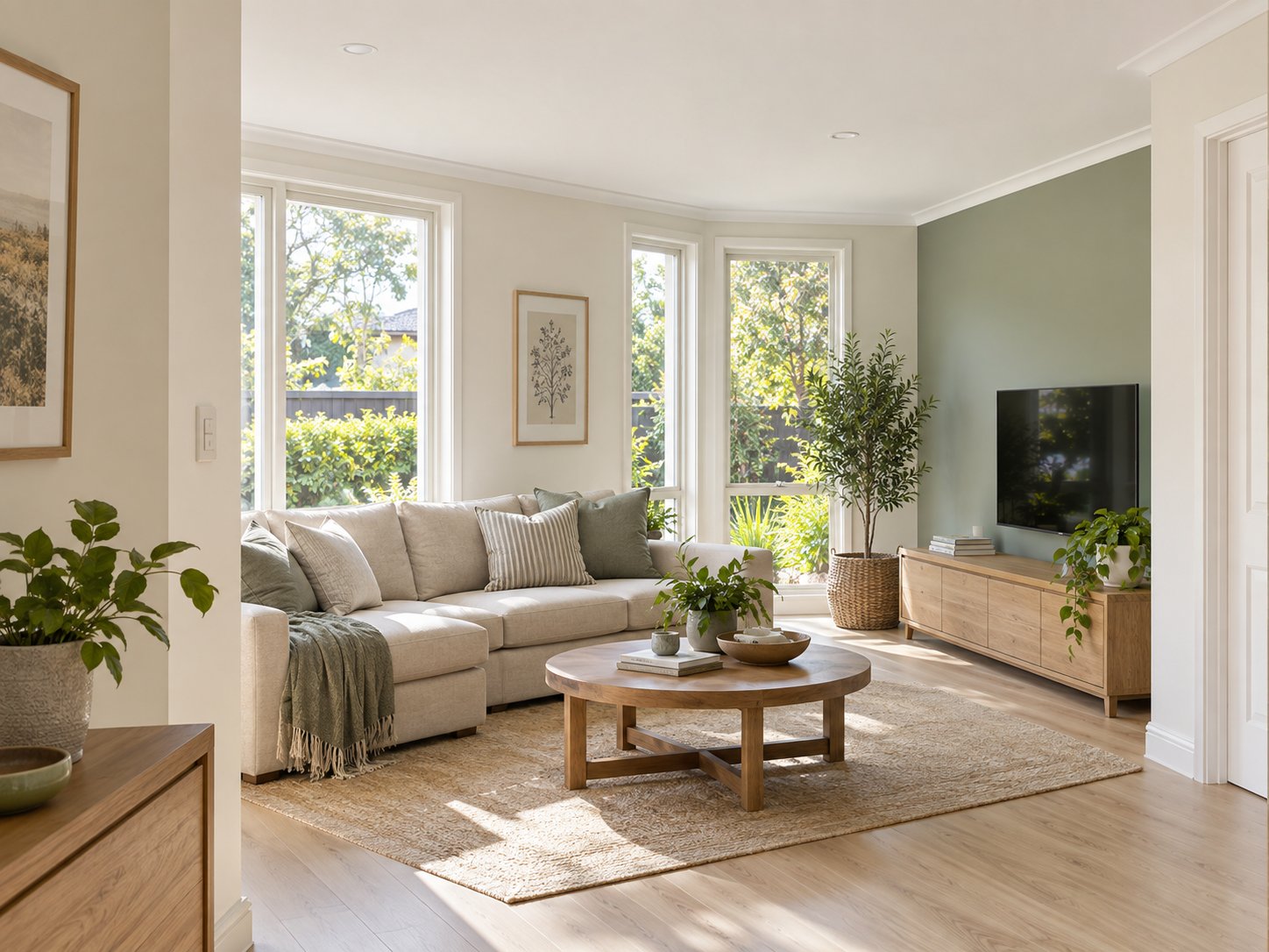 AI-generated illustration of a bright living room with fresh neutral paint and a sage feature wall